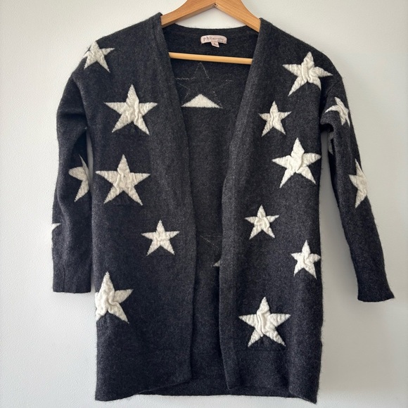 Philosophy 100% Cashmere Charcoal and White Stars Open Front Long Wool Cardigan - Picture 2 of 8